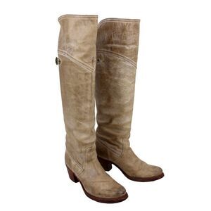 VINTAGE FRYE MADE IN MEXICO BEIGE GENUINE LEATHER MEDIUM HEEL BOOTS 6 1/2 B